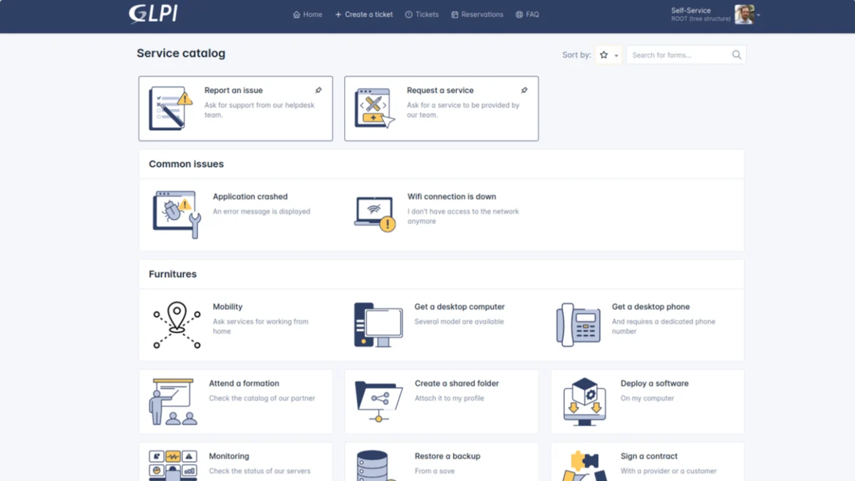 GLPI service catalogue with categories and forms