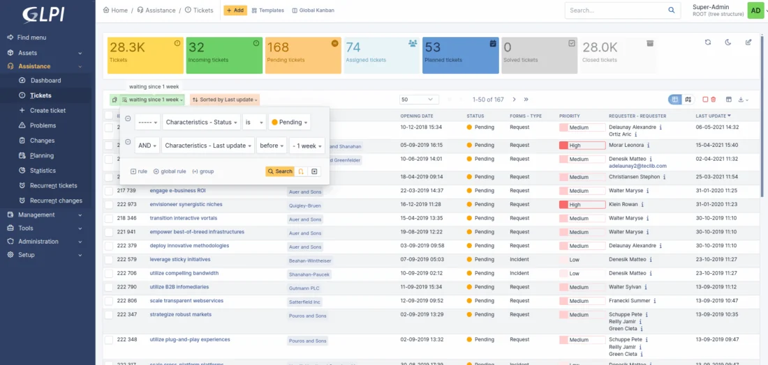 GLPI ticket queue with filters, priorities, and status