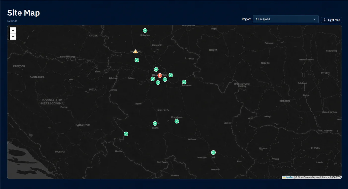 PokoMonitor Site Map sa svim lokacijama i statusnim markerima